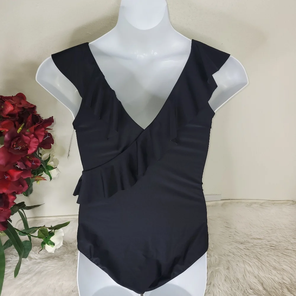 Black Ruffled One-Piece Swimsuit - Picture 3 of 13